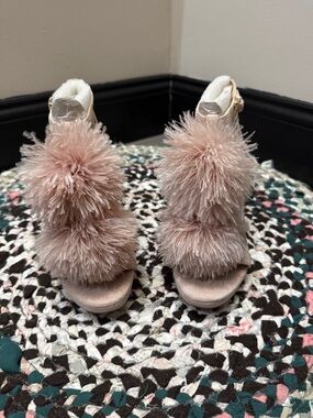Michael Kors Faux-Fur Pom-Pom Peep-Toe Heels — Blush Pink
